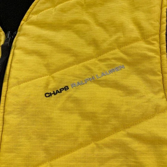 VINTAGE Chaps Ralph Lauren Reversible Vest Jacket Adult XL Black Yellow Fleece - Picture 3 of 11